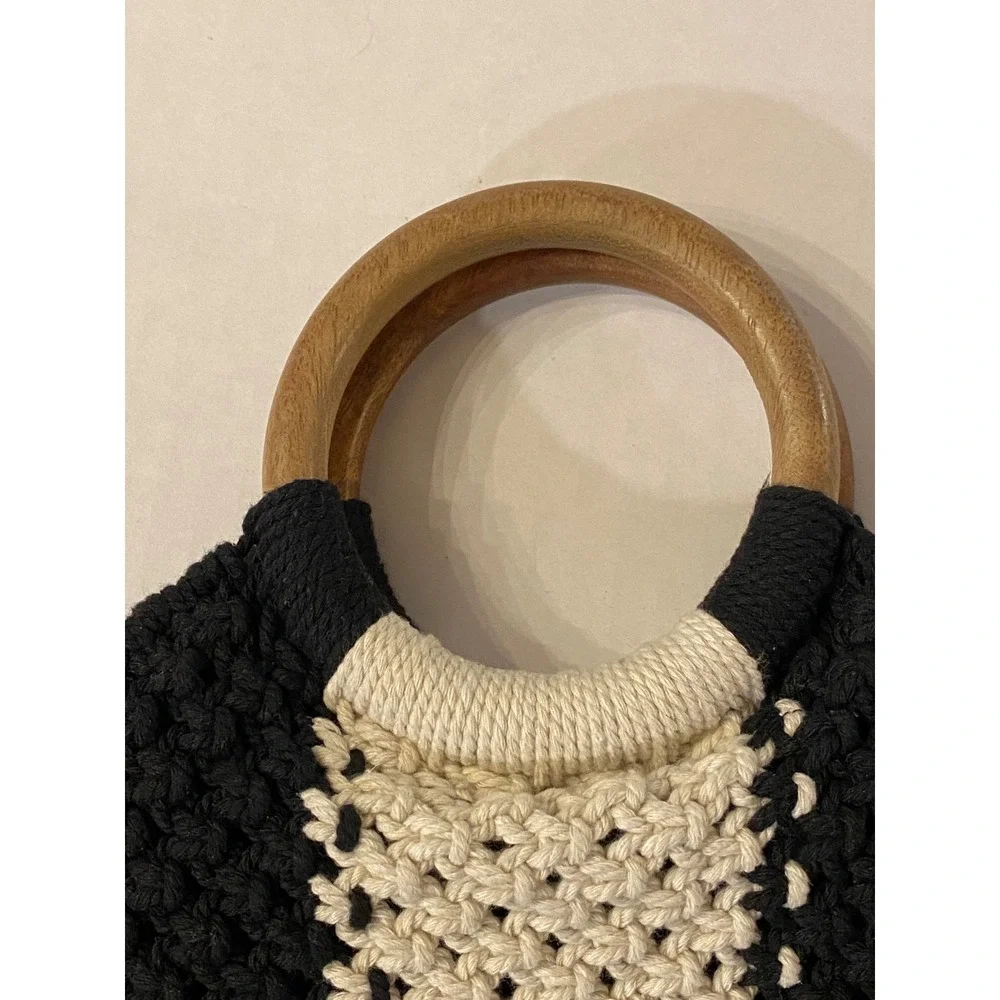 LAUDE‎ the Label Black Cream Mini Macrame Cotton Bag with Wooden Ring Handles